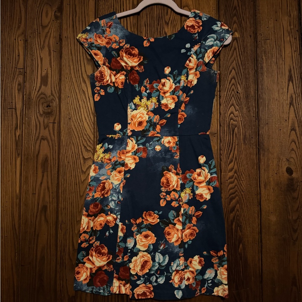 Floral Navy and Orange Cap-Sleeve Dress